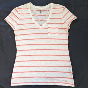 Tommy Hilfiger V neck pocket T shirt White with Coral Stripes Size S